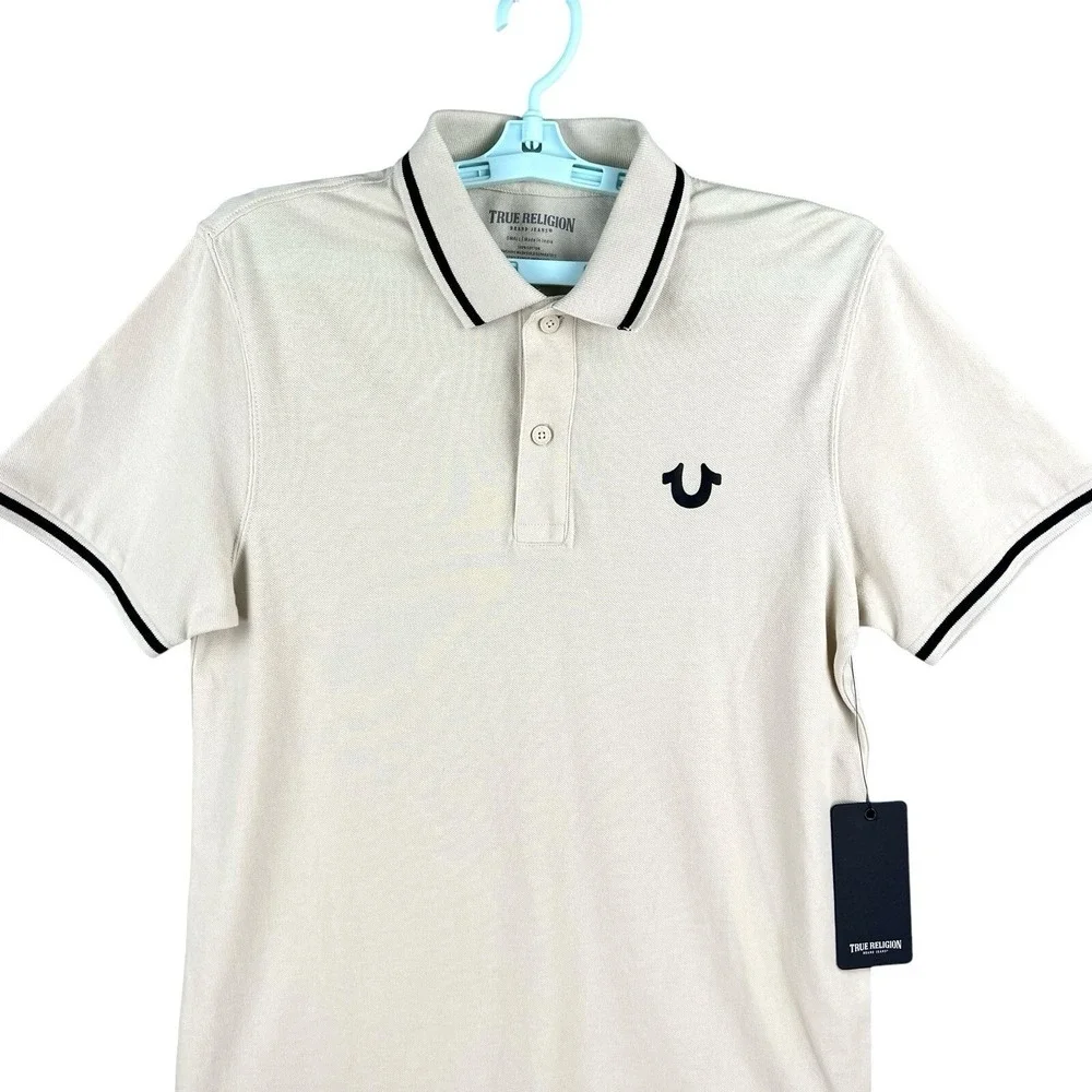NWT True Religion Men's Crafted W/Pride Fog White/Black Tipping Polo Size Small
